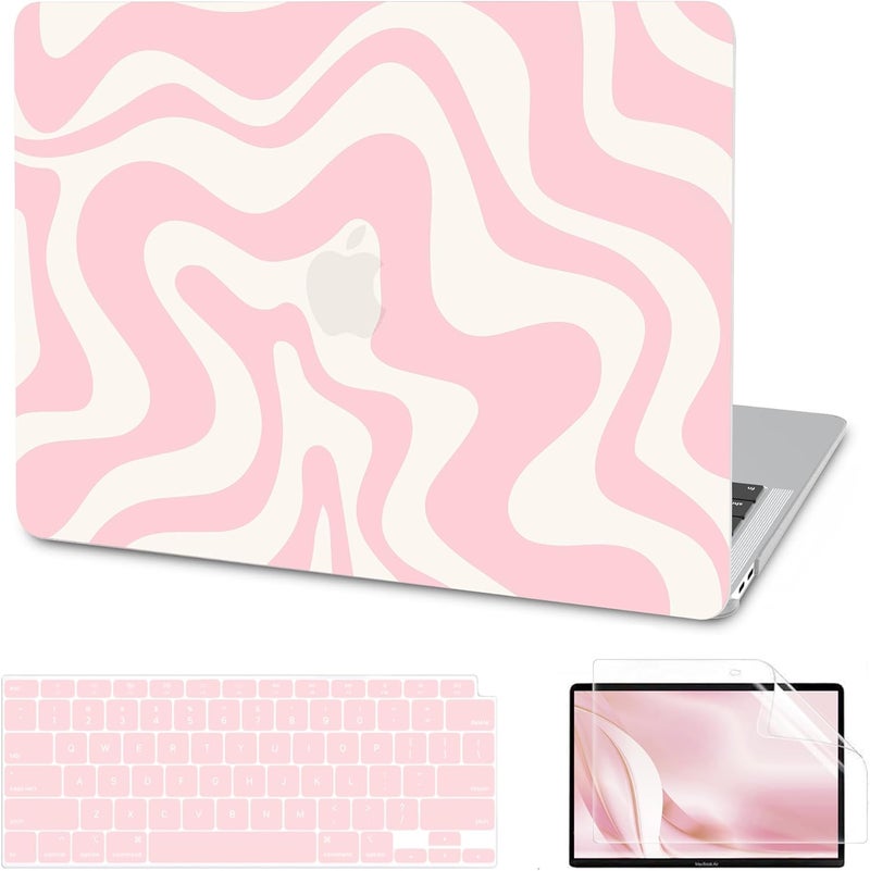 AKIT Compatible with MacBook Air 13 Inch Case M1 2022 2021 2020 2019 2018 A2337 A2179 A1932, Pattern Hard Shell Laptop Case+Screen Protector+Keyboard Cover for MacBook Air 13.3 Inch, Pink Wave - Image 1
